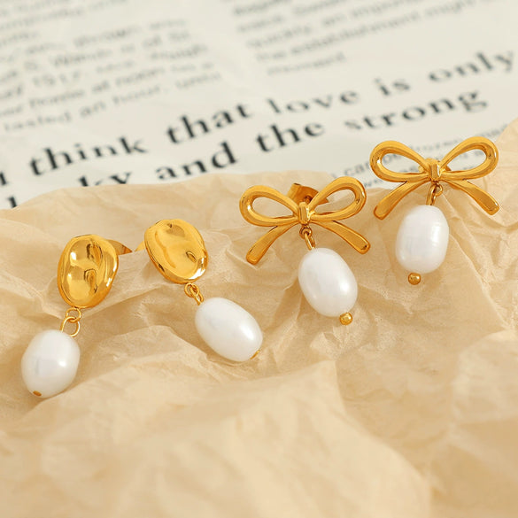 Freshwater Pearl Earrings Spiral Bow Electroplating Women's Light Luxury Natural Style