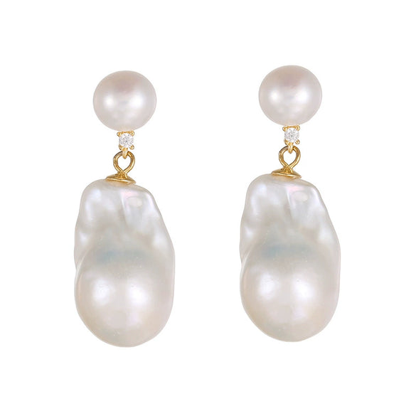 Freshwater Pearl Earrings Sterling Silver Inlaid With Gems Vintage Style 14K Gold Plated