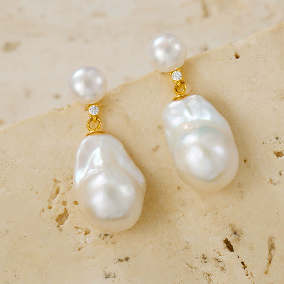 Freshwater Pearl Earrings Sterling Silver Inlaid With Gems Vintage Style 14K Gold Plated
