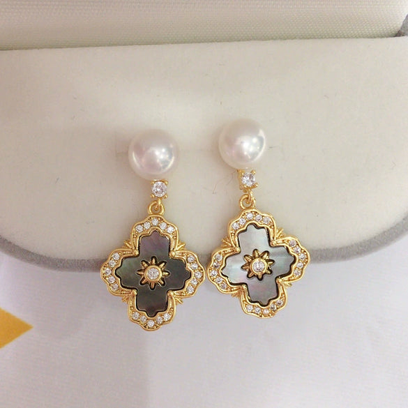 Freshwater Pearl Earrings Women's Vintage Style Cross With Natural Seashell Fritillary Inlay And Oblate Pearls