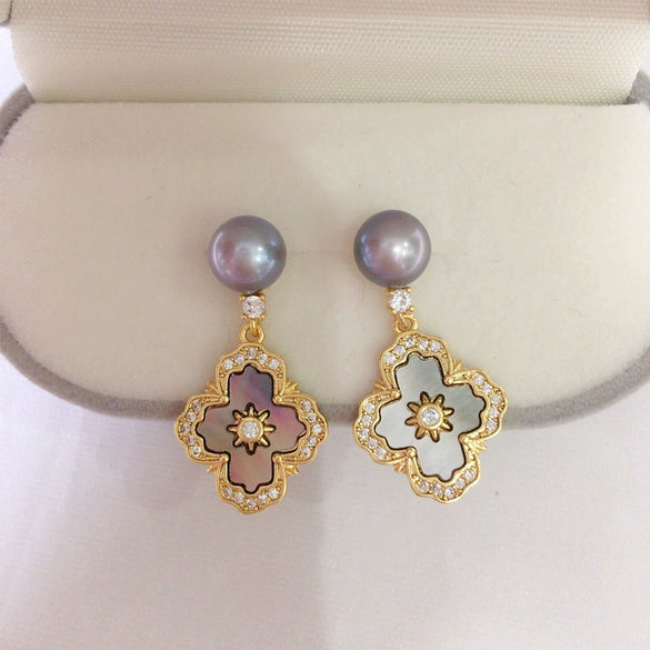 Freshwater Pearl Earrings Women's Vintage Style Cross With Natural Seashell Fritillary Inlay And Oblate Pearls