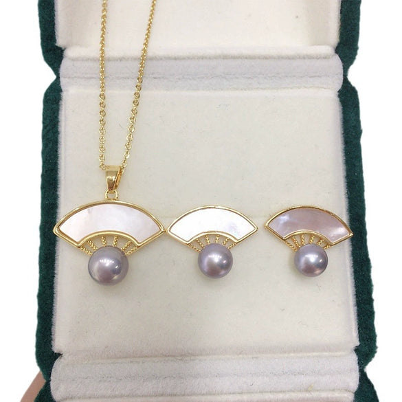 Freshwater Pearl Fanshaped Shell Pendant Stud Earrings Set Wholesale