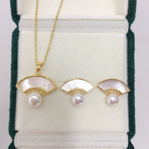Freshwater Pearl Fanshaped Shell Pendant Stud Earrings Set Wholesale