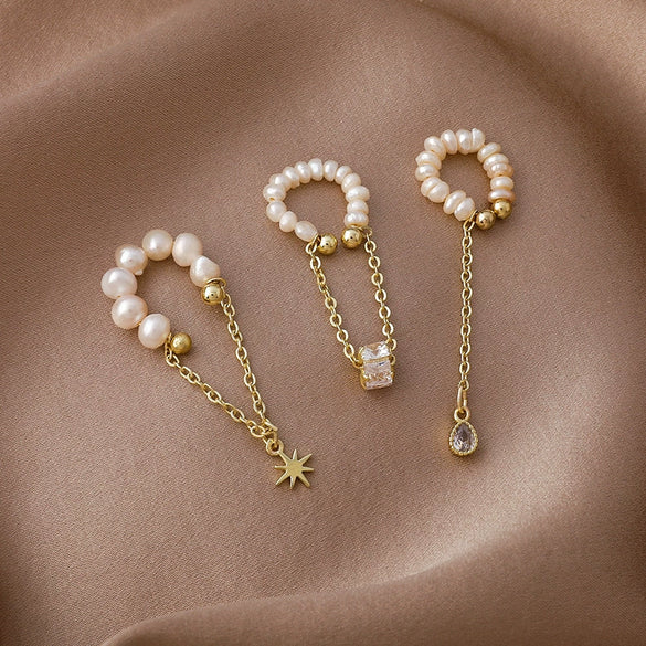 Freshwater Pearl Geometric Tassel Ear Clip Earrings Natural Style