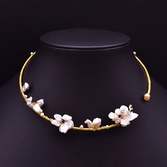 Freshwater Pearl Handmade Tassel Collar Retro Necklace 18K Gold Plated Geometric Design