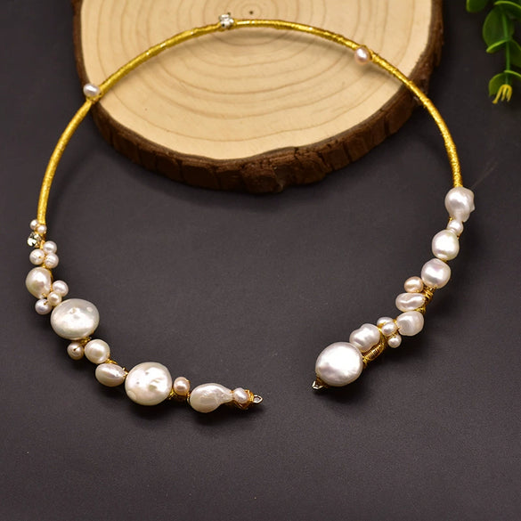 Freshwater Pearl Handmade Tassel Collar Retro Necklace 18K Gold Plated Geometric Design