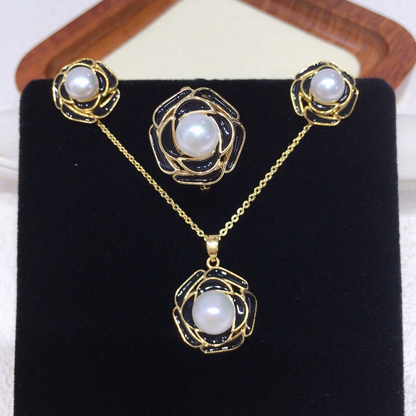 Freshwater Pearl Jewelry Set With Camellia Design Pendant Stud Earrings And Ring