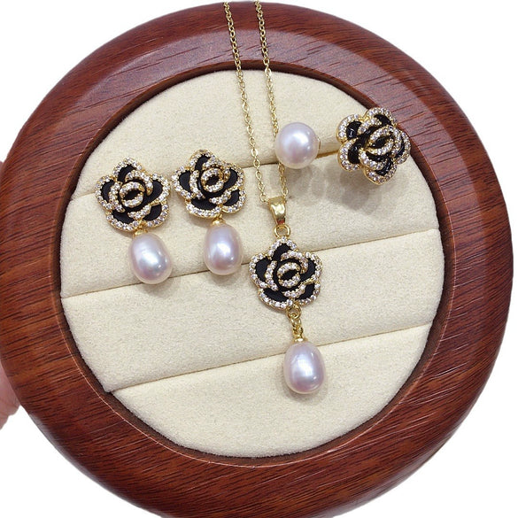 Freshwater Pearl Jewelry Set With Microinlaid Zircon And Black Oildropping Camellia Design
