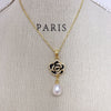 Freshwater Pearl Jewelry Set With Microinlaid Zircon And Black Oildropping Camellia Design