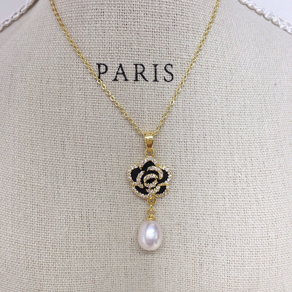 Freshwater Pearl Jewelry Set With Microinlaid Zircon And Black Oildropping Camellia Design