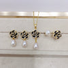 Freshwater Pearl Jewelry Set With Microinlaid Zircon And Black Oildropping Camellia Design