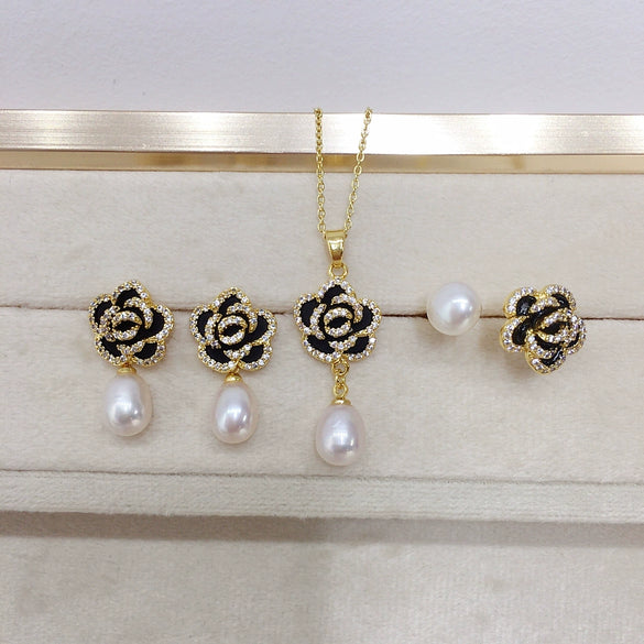 Freshwater Pearl Jewelry Set With Microinlaid Zircon And Black Oildropping Camellia Design
