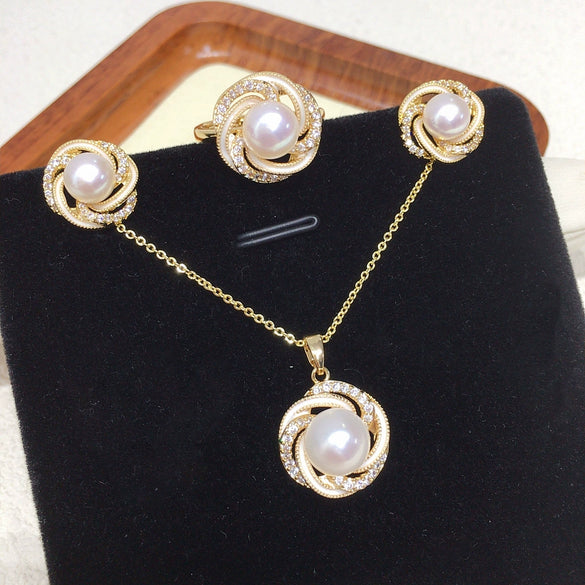 Freshwater Pearl Jewelry Set With Painted Bird's Nest Design Pendant Earrings Ring
