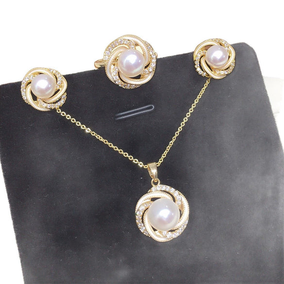 Freshwater Pearl Jewelry Set With Painted Bird's Nest Design Pendant Earrings Ring