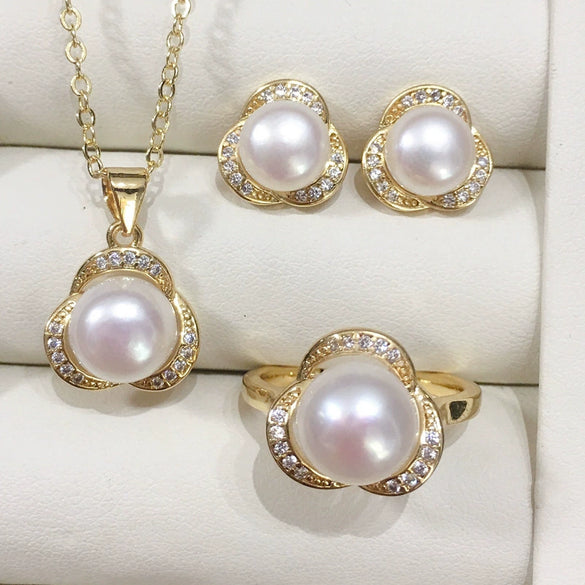 Freshwater Pearl Jewelry Set With Pendant Earrings And Ring And Clover Flower Design