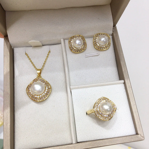 Freshwater Pearl Jewelry Set With Square Zircon Micro Set