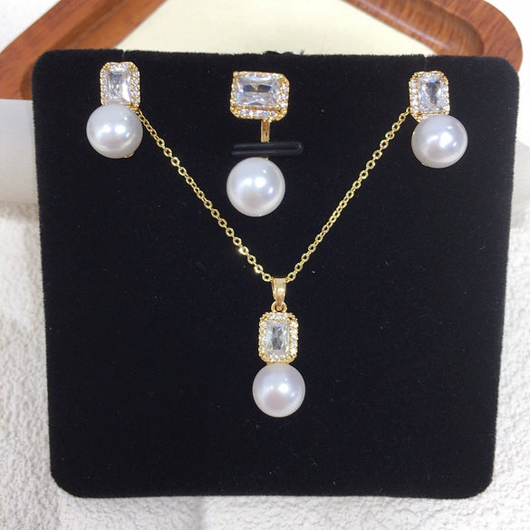 Freshwater Pearl Jewelry Set With Sugar Cube Zircon Pendant Earrings And Ring