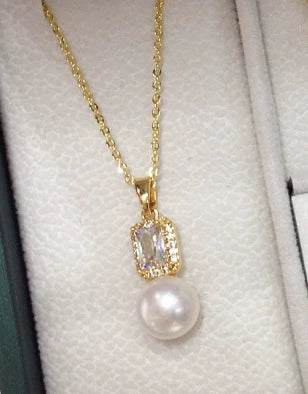 Freshwater Pearl Jewelry Set With Sugar Cube Zircon Pendant Earrings And Ring