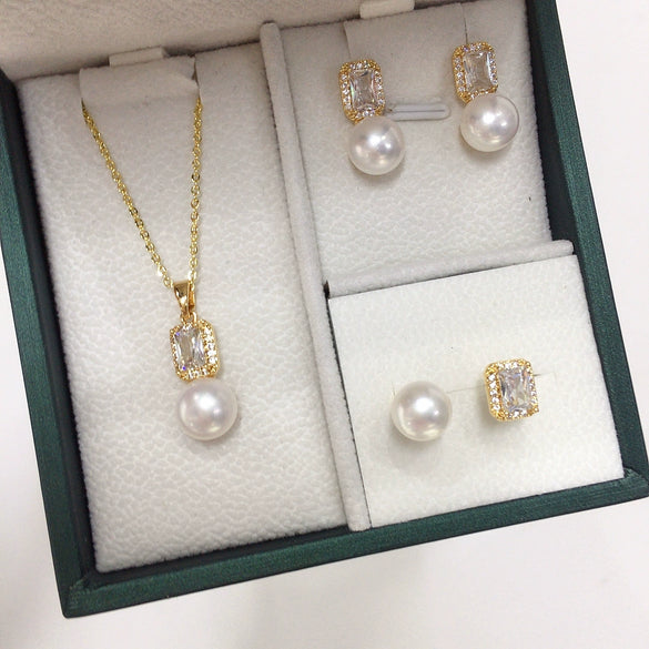 Freshwater Pearl Jewelry Set With Sugar Cube Zircon Pendant Earrings And Ring