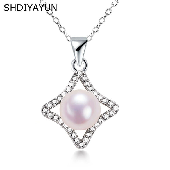 Freshwater Pearl Necklace With Four Leaf Clover And Square Pendant Copper Accessories