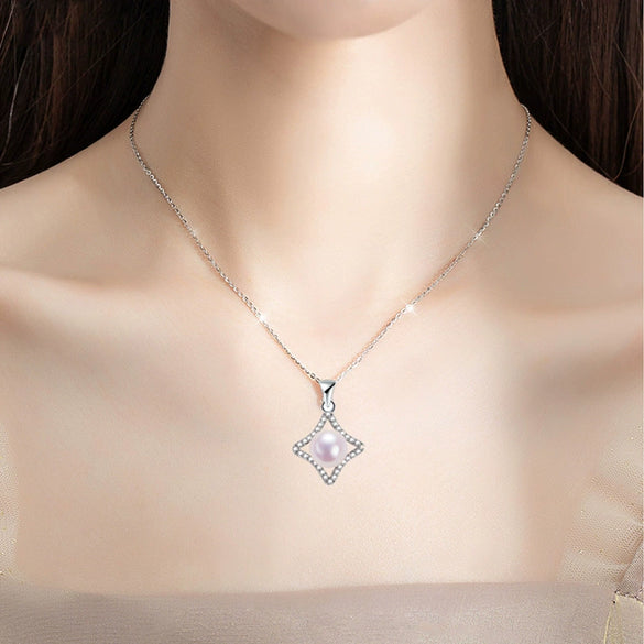 Freshwater Pearl Necklace With Four Leaf Clover And Square Pendant Copper Accessories