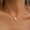 Freshwater Pearl Necklace With Goldplated Stainless Steel Layered Paperclip Chain And Geometric Design For Women