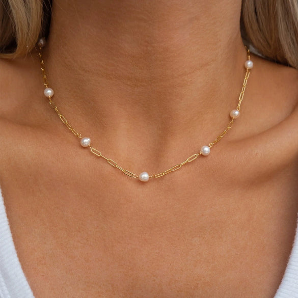 Freshwater Pearl Necklace With Goldplated Stainless Steel Layered Paperclip Chain And Geometric Design For Women