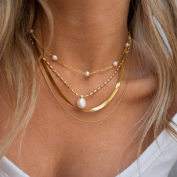 Freshwater Pearl Necklace With Goldplated Stainless Steel Layered Paperclip Chain And Geometric Design For Women