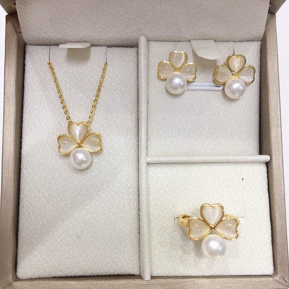 Freshwater Pearl Opal Clover Pendant Earring Ring Jewelry Set