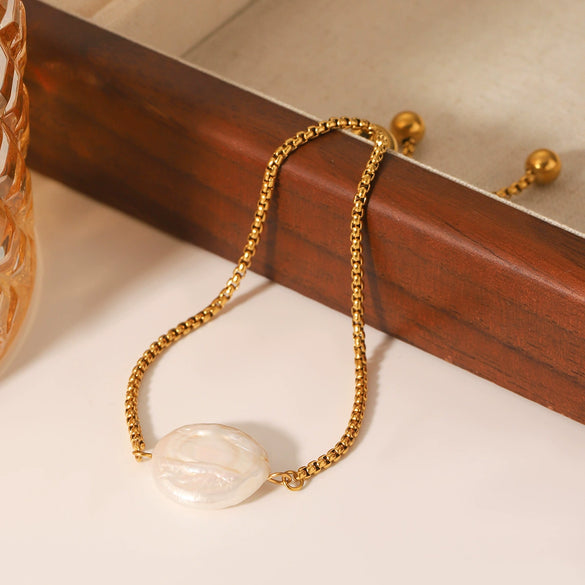 Freshwater Pearl Pendant Bracelet Stainless Steel Box Chain Titanium Steel Nonfading Geometric Minimalist Women's Jewelry