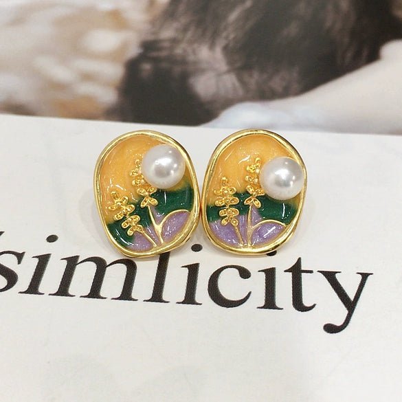 Freshwater Pearl Pendant Earring Ring Suit Retro Oil Painting Style