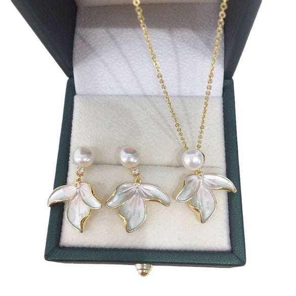 Freshwater Pearl Pendant Earring Set Highend Frosted Gradient Leaf Design