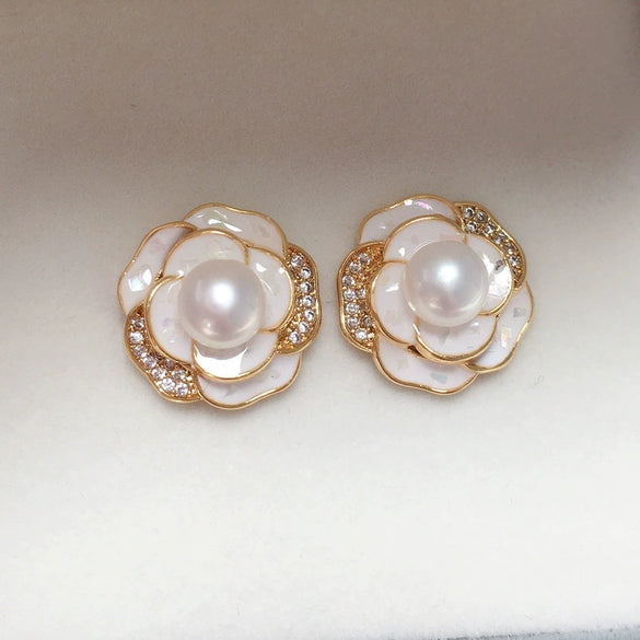 Freshwater Pearl Pendant Earrings Light Luxury Broken Shellfish Micro Zircon Camellia Design