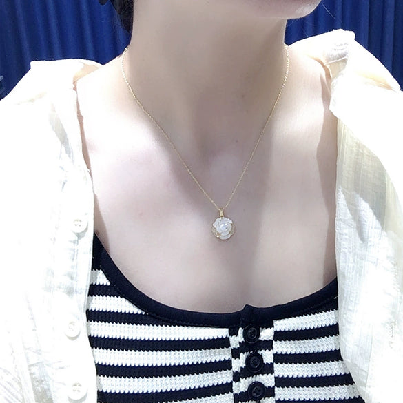 Freshwater Pearl Pendant Earrings Light Luxury Broken Shellfish Micro Zircon Camellia Design