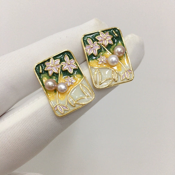 Freshwater Pearl Pendant Earrings Ring Jewelry Set With Middle Ancient Style And Monet Garden Oil Painting Design