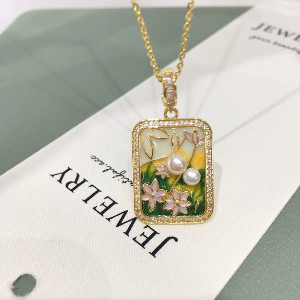 Freshwater Pearl Pendant Earrings Ring Jewelry Set With Middle Ancient Style And Monet Garden Oil Painting Design