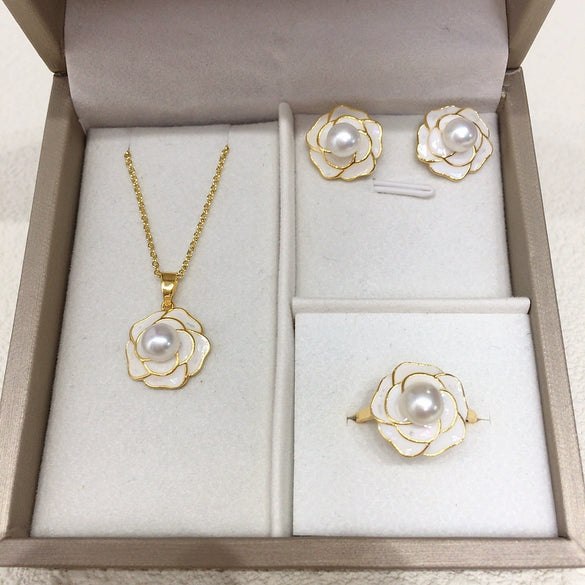 Freshwater Pearl Pendant Earrings Ring Luxury Broken Camellia Pearl Jewelry Set