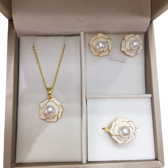 Freshwater Pearl Pendant Earrings Ring Luxury Broken Camellia Pearl Jewelry Set