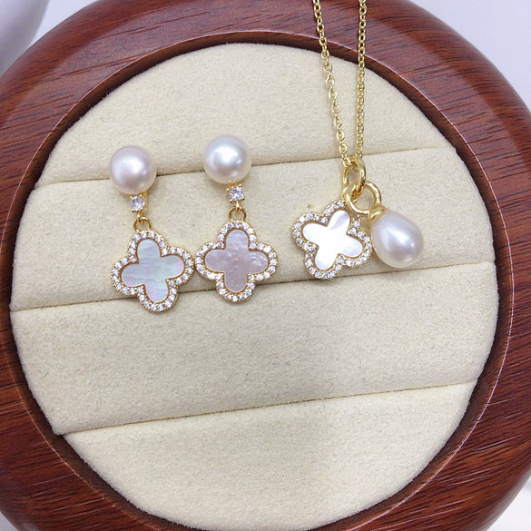 Freshwater Pearl Pendant Earrings With Fourleaf Clover Design And Motherofpearl From Natural Sea Shellfish