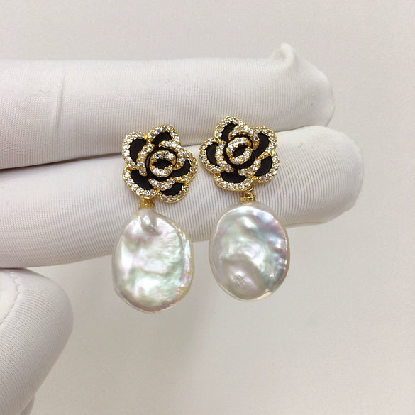 Freshwater Pearl Pendant Earrings With Micro Inlaid Zircon And Camellia Design