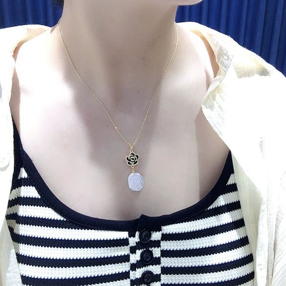 Freshwater Pearl Pendant Earrings With Micro Inlaid Zircon And Camellia Design
