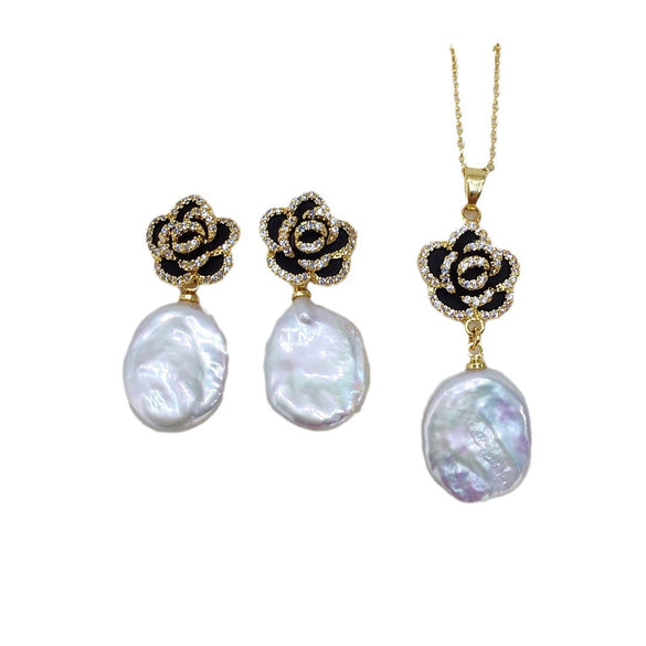 Freshwater Pearl Pendant Earrings With Micro Inlaid Zircon And Camellia Design