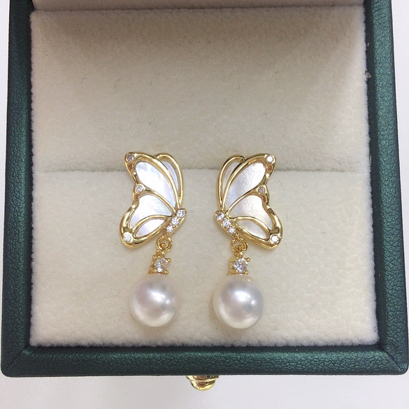 Freshwater Pearl Pendant Earrings With Sea Shell And Butterfly Design
