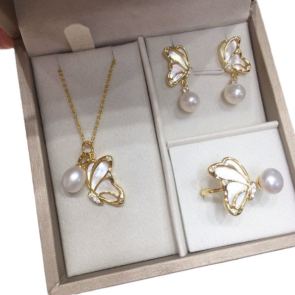 Freshwater Pearl Pendant Earrings With Sea Shell And Butterfly Design