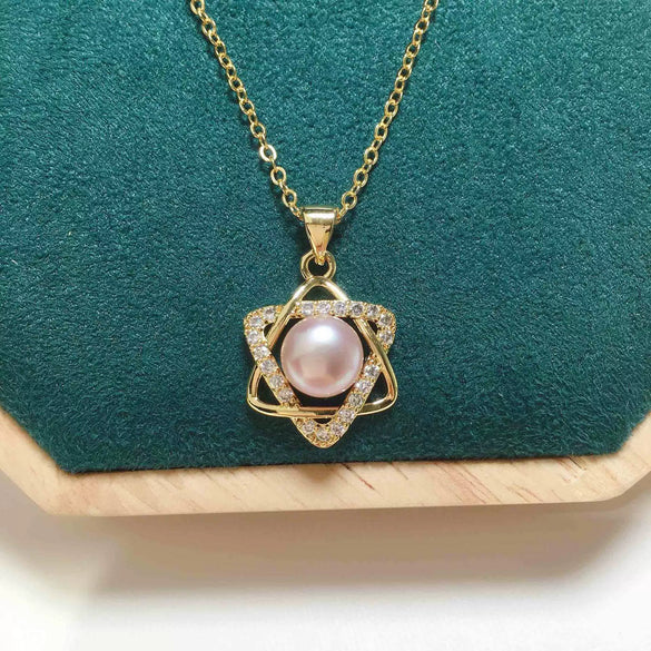 Freshwater Pearl Pendant Necklace Copper Plated With Real Gold Sixpointed Star Microinlaid Zircon