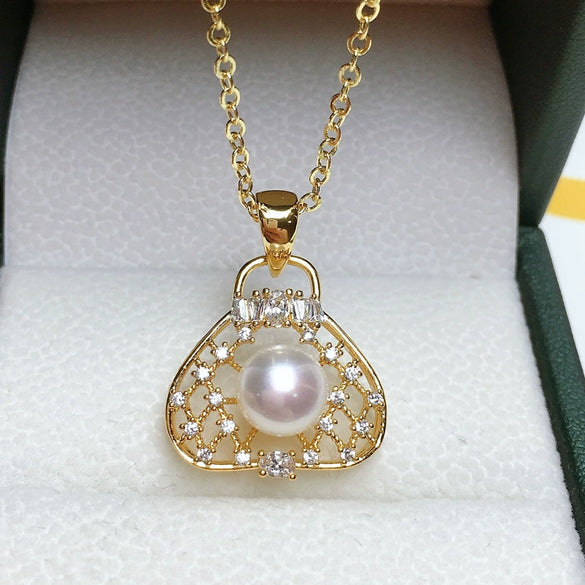Freshwater Pearl Pendant Necklace Handbagshaped Copper Plated Real Gold