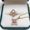 Freshwater Pearl Pendant Ring Set Jewelry Four Leaf Clover Square Style