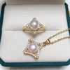 Freshwater Pearl Pendant Ring Set Jewelry Four Leaf Clover Square Style