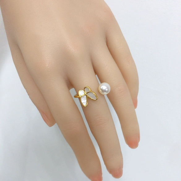 Freshwater Pearl Ring Butterfly Open Style Copper 5A Grade Natural