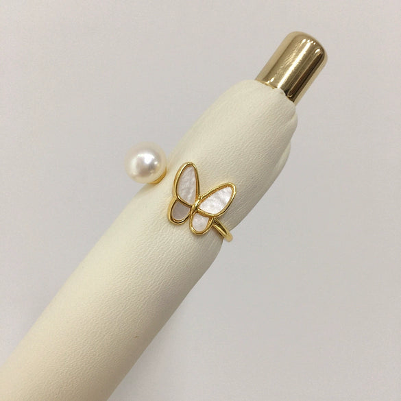 Freshwater Pearl Ring Butterfly Open Style Copper 5A Grade Natural